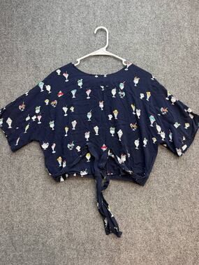 Zara Basic Collection Womens M Blue Ice Cream Print Tie Front Crop Blouse Top